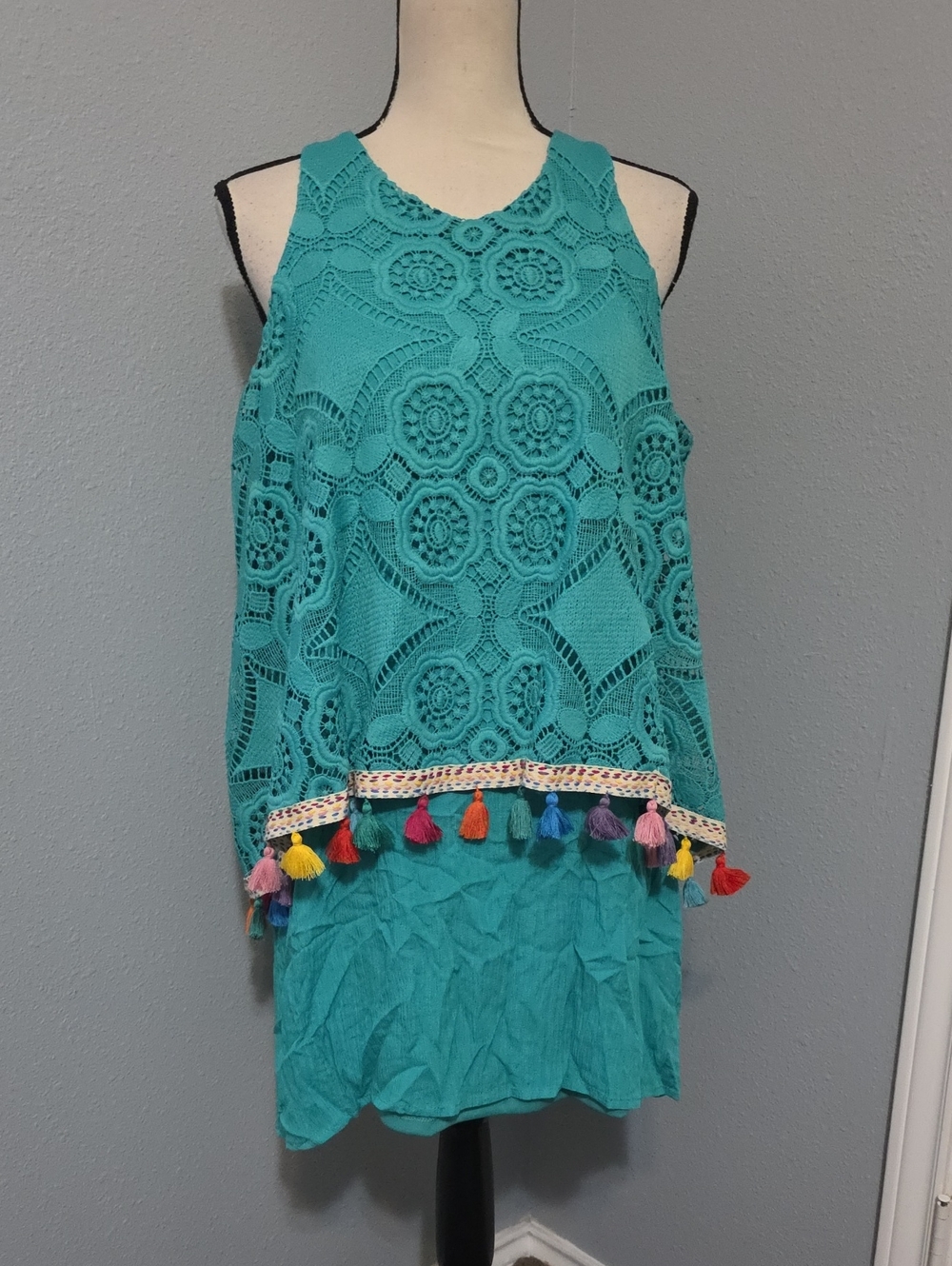 Judith March Teal Crochet Dress with Multicolor Tassels SZ L